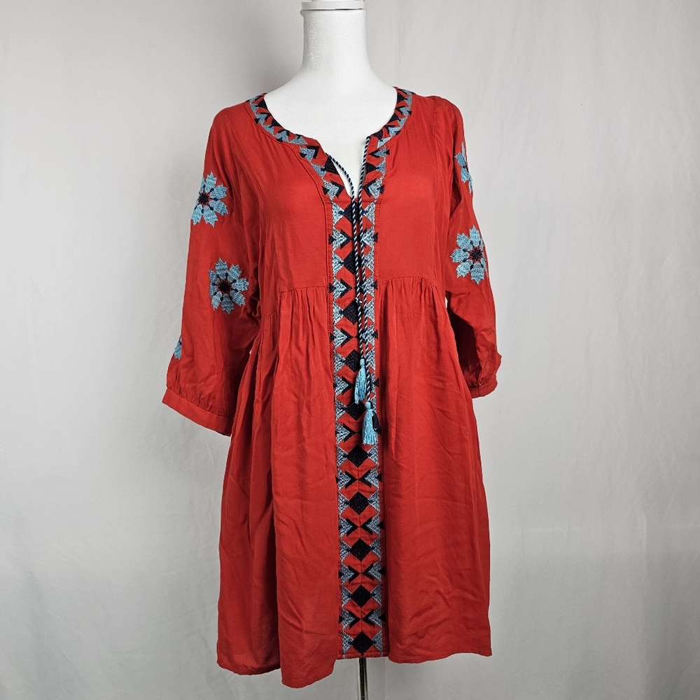 Umgee Floral Embroidered Mini Dress Tunic Red Boho Small